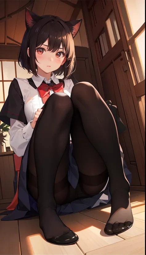 1girl in、Front-facing、Composition from below、Full body portrait、brown haired、No cat ears、No hat、Shorthair、Medium haircut、red blush、Absolute Area、Black knee socks、Black knee high、Black stockings、Black pantyhose、Black Lace Pantyhose、White underwear、white  pa...