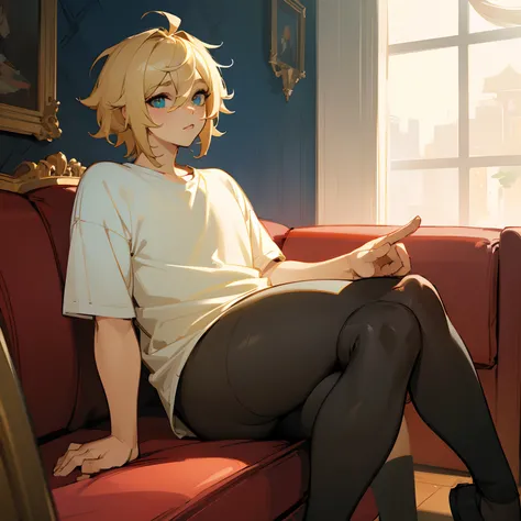 (Best quality,masterpiece) A cute femboy wearing leggings and a casual light shirt, short messy blonde hair, plump thighs, sitting down on a couch, living room background