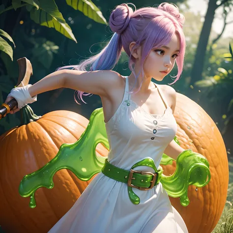 A slime girl with slime hair in a double buns hairstyle, wearing a white princess dress with a weapon belt, surrounded by a pumpkin orange colored background. The image should be of the highest quality and resolution (4k, 8k, or even higher), and ultra-det...