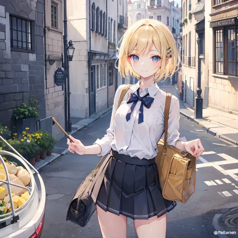 1 girl, smiling, european, skirt, (small) chillerism, short blonde hair, European street