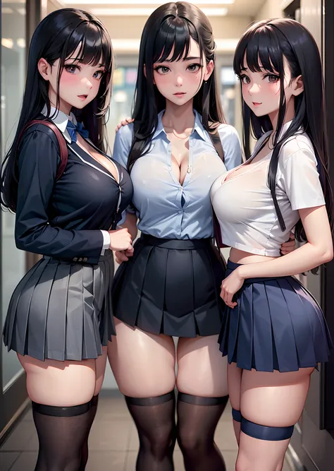 Trio of schoolgirls standing side by side facing backwards、Long Black Hair、Colossal tits、cleavage of the breast、tits out、Park at night、a miniskirt、thighs thighs thighs thighs、Navy blue pleated skirt with visible panties、Short sleeve shirt、s ass、T back、sexy...