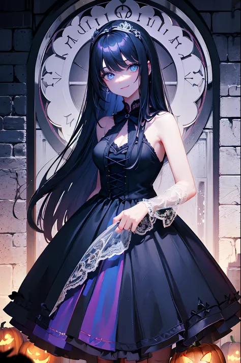 teens girl　cabelos preto e longos　A dark-haired　blue eyess　Pink lace dress　Halloween　Eat pumpkin cake at the castle　Pop atmosphere 　A smile　​masterpiece　Top image quality　Clear　cinematic shadow　Increased attractiveness of the eyes　Clear the shine of the ey...