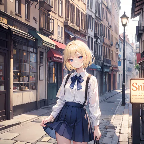 1 girl, smiling, european, skirt, (small) chillerism, short blonde hair, European street