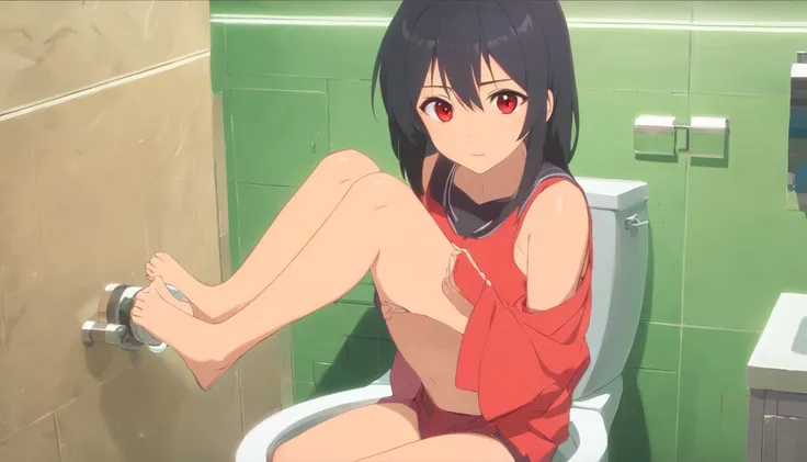 anime mom on the toilet, big bottom, black hair, red eyes