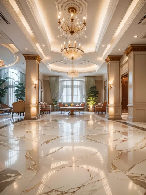 spacious, Quiet and welcoming hotel lobby，Marble decoration，Soft and soothing lighting softly illuminates the entire space，creating a serene and peaceful atmosphere，super wide shot