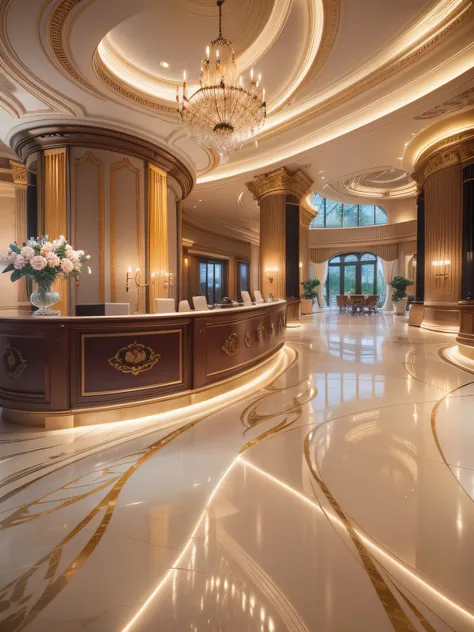 spacious, Quiet and welcoming hotel lobby，Marble decoration，Soft and soothing lighting softly illuminates the entire space，creating a serene and peaceful atmosphere，super wide shot