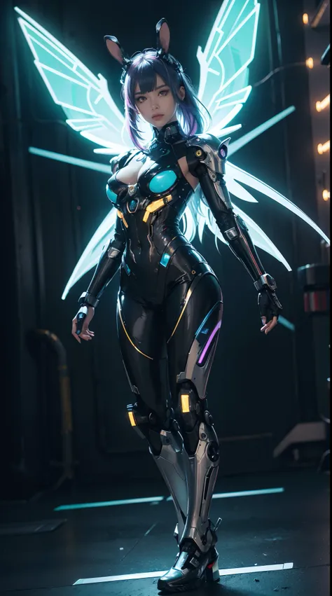 (wide wide shot)，(Best quality,Masterpiece:1.2),(Futuristic cyborg woman), (Rabbit ears)，bright colored hair，((massive wings)),Her wings are a marvel of technology, A combination of a sturdy metal frame and a delicate translucent film,((Inside the mechanic...