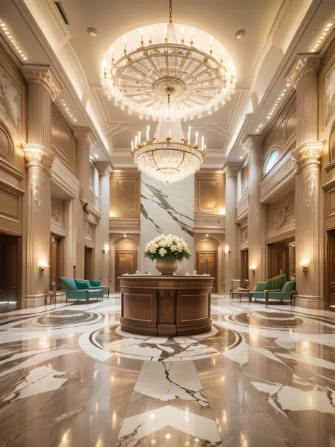 Spacious, quiet and welcoming hotel lobby，Marble decoration，Soft and soothing lighting softly illuminates the entire space，creating a serene and peaceful atmosphere，super wide shot