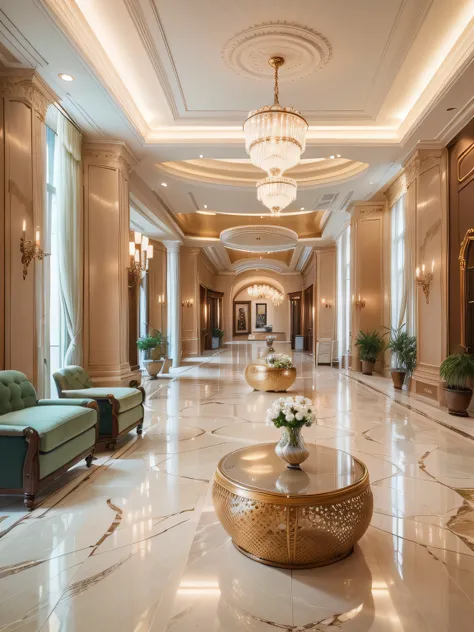 Spacious, quiet and welcoming hotel lobby，Marble decoration，Soft and soothing lighting softly illuminates the entire space，creating a serene and peaceful atmosphere，super wide shot