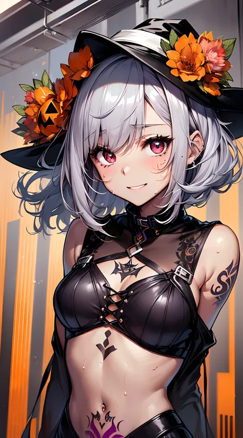 top-quality、Top image quality、in 8K,4K,​masterpiece、(NSFW:1.1)、ultra-detailliert、Beautiful、ultra-quality、cute little、girl with(((18year old、Halloween Costumes:1.5、the witch、Bust 78、silber hair、a short bob、Red Eyes、Skin shining with sweat、、erotick:1.4、Happi...