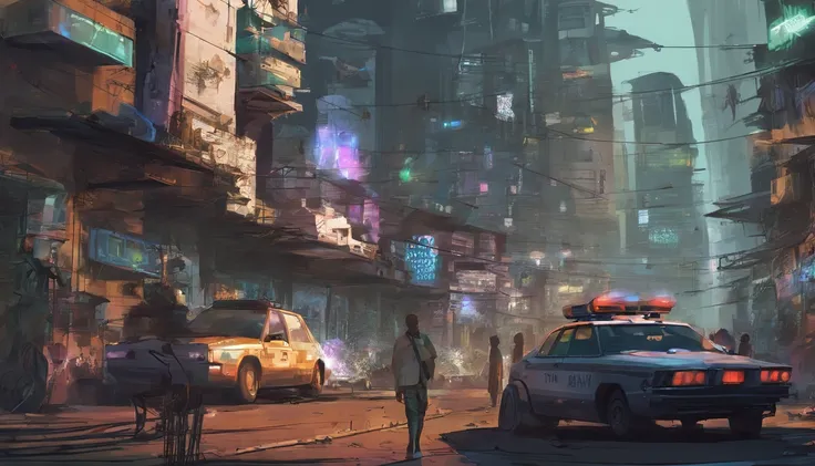 Afrofuturistic cyber city, cyber africa, tear 2153, Brazil favela, flying police car, black people