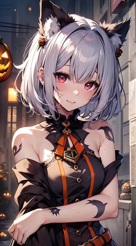 top-quality、Top image quality、in 8K,4K,​masterpiece、(NSFW:1.1)、ultra-detailliert、Beautiful、ultra-quality、cute little、girl with(((18year old、Halloween Costumes:1.5、Wolf Maiden、Bust 78、silber hair、a short bob、Red Eyes、Skin shining with sweat、、erotick:1.4、Hap...