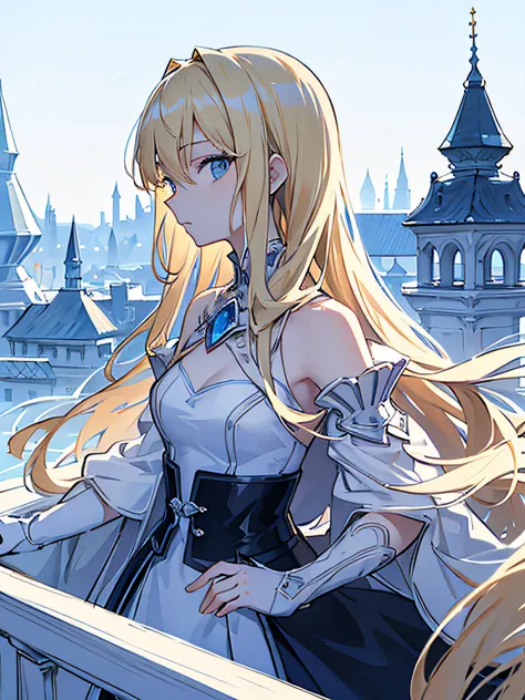 masterpiece, acura, 1girl, solo, elegant dress, long blonde hair, ice castle background, line drawing, looking at viewer, blank expression, blue eyes, profile-close up photogenic pose ((sketch))