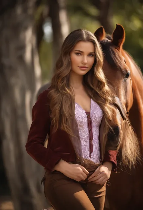 horse, blonde, photo of a 20 years old caucasian girl, full-body, dressed for Riding horses:1.1,  RAW, beautiful woman, (extra long wavy brown hair), ((detailed face:1.1, medium breast, small hips)), olive skin, thin body, reflections, (masterpiece) (hyper...