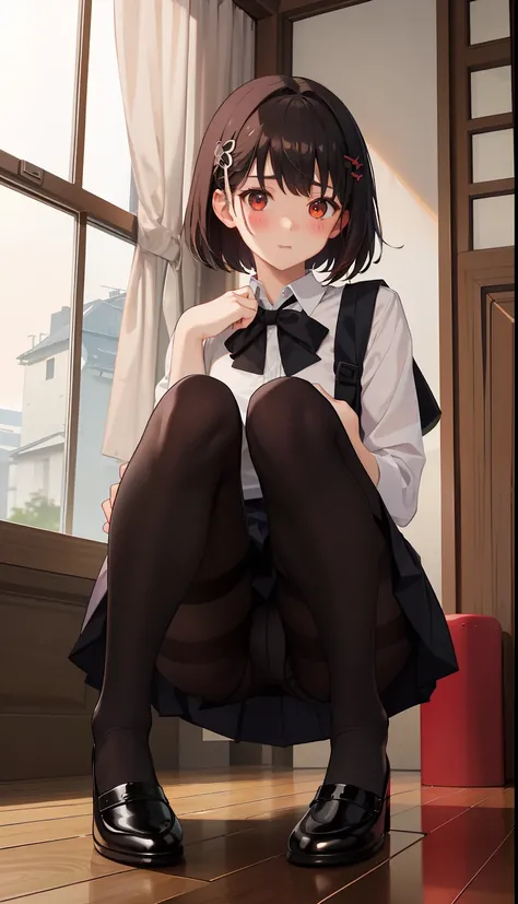 1girl in、Front-facing、Composition from below、crouching down、Panchira、Full body portrait、brown haired、Shorthair、Medium haircut、red blush、Absolute Area、Black knee socks、Black knee high、Black stockings、Black pantyhose、Black Lace Pantyhose、White underwear、whit...