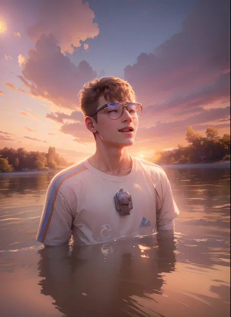 masterpiece, best quality, movie still, 1boy, cloud boy, floating in the sky, close-up, bright, happy, warm soft lighting, sunset, (sparks:0.7)