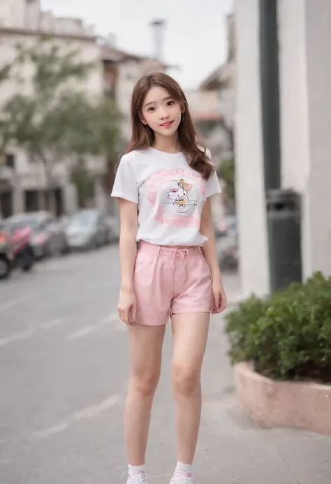 Cute and playful 16 year old loli skateboarding, Cute hairstyle, Cute star hairpins，Brown eyes,Random and cute photo action,（Pink Super David shirt，Shorts and white socks white skateboard shoes:1.1）,the street lights,neonlight,Bustling street background,(L...