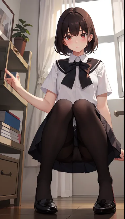 1girl in、Front-facing、Composition from below、Full body portrait、brown haired、Shorthair、Medium haircut、red blush、Absolute Area、Black knee socks、Black knee high、Black stockings、Black pantyhose、Black Lace Pantyhose、White underwear、white  panties、No shoes、Shoe...