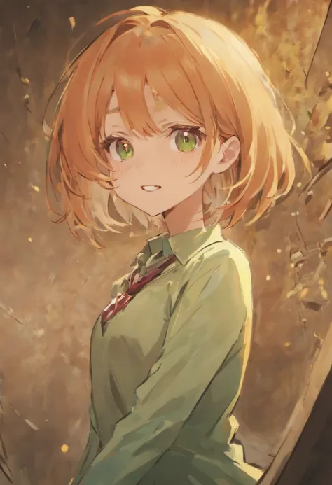 Masterpiece, Highest quality, Best quality, 1girll, Solo, view the viewer, , tezuka rin, (armless amputee:1.2), Brown hair, Collar, Collared shirt, (double amputee:1.2), Green eyes, katawa shoujo, red necktie, shirt, Short hair, Solo, White shirt,  lozhkin...