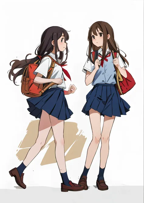 two girls walking, long hairm school uniform, cute face