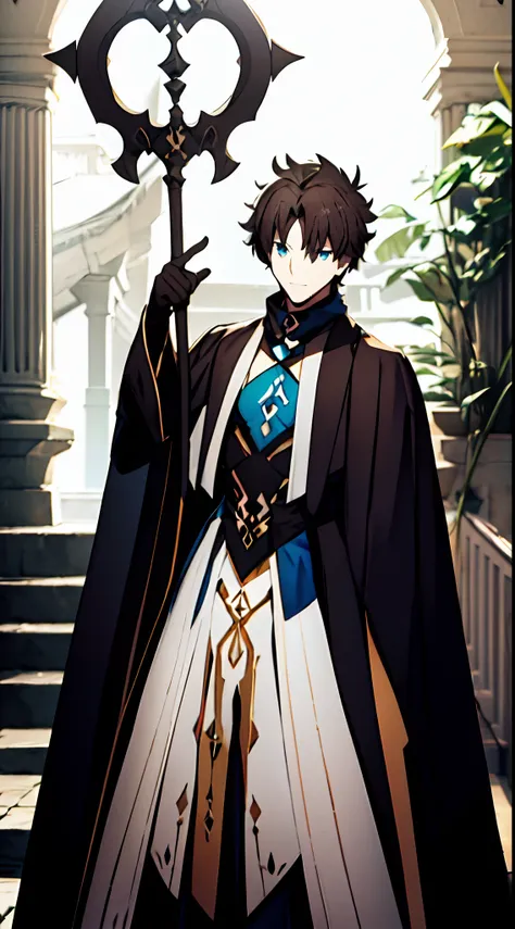 1male, good anatomy, rostro detallado, gudao, fusionado con la class card de morgana le fae, con un cetro oscuro, con pose impon...