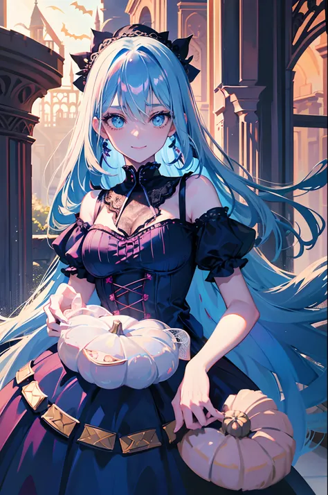 teens girl　long blue hair　blue eyess　Pink lace dress　Halloween　Eat pumpkin cake at the castle　Pop atmosphere 　A smile　​masterpiece　Top image quality　Clear　cinematic shadow　Increased attractiveness of the eyes　Clear the shine of the eyes　Draw eyelashes neat...