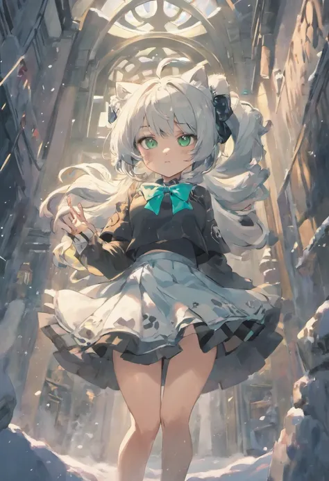 Snow Leopard Girl Green Gemstone Decoration Snow Leopard Tail Black Bow Tie White Hair Cute Black Short Skirt Furry White Leopard Ears Long Hair Double Ponytail Blue Eyes Black Over the Knee Socks Black Leather Shoes White Robe Selling Moe Girl