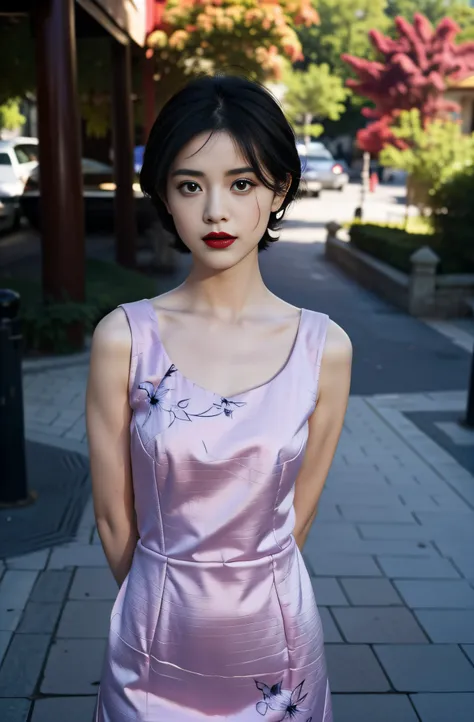 (purple printed china dress),1 girl,(short hair:1.1), (arms behind back:1.1),(realistic:1.7),((best quality)),absurdres,(ultra high res),(photorealistic:1.6),photorealistic,octane render,(hyperrealistic:1.2), (photorealistic face:1.2), (8k), (4k), (Masterp...