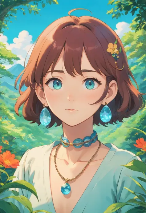 A girl wearing an anime collar, A long necklace and earrings, inthe style of tranquil gardenscapes, colorful animation stills, Masami Teraoka, aquamarine, Paul Gauguin, Amber style, Honest portrayal