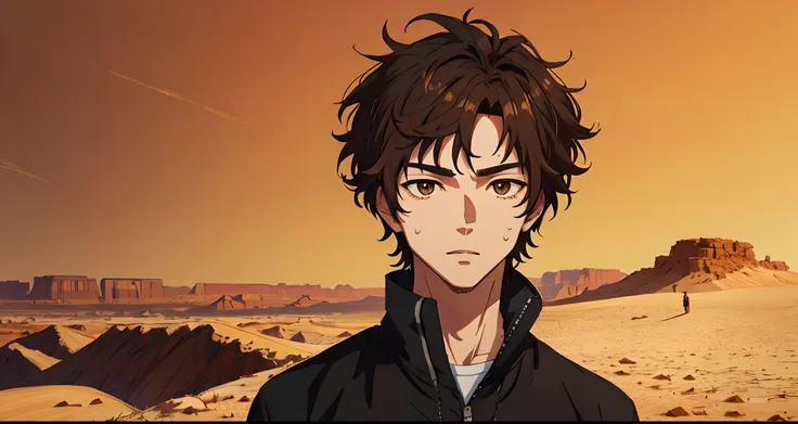 Anime, male, light brown skin, black short, sweatpants, grown short, messy hair, desert background, masterpiece: 1.2 ((4k)), ((high quality)), detailed face