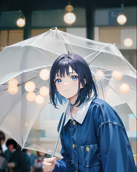 1 girl from Korea, beautiful girl with short hair and bangs, beautiful eyes, sharp nose and smile, wearing a blue levis jacket and light yellow collar, carrying a white transparent umbrella, holding the umbrella in her hand, facing the audience, blurred ba...