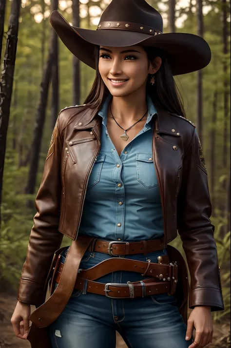 Wilderness in the background,Sheriff in cowboy fashion,Gunslinger Costume,Leather jacket with open front,Wrap the gun belt around your waist,holster,Cowboy Hat,Generate images of beautiful women around the world,Especially while reflecting elements of West...