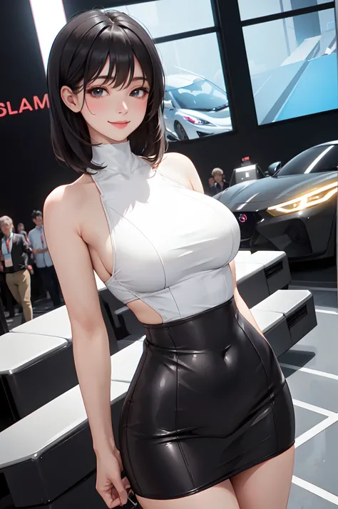 1lady solo standing, /(grid girl/) clothes with logo, mature female, /(black hair/) bangs, blush kind smile, (masterpiece best quality:1.2) delicate illustration ultra-detailed, large breasts BREAK /(motor show indoors/), audience, detailed background