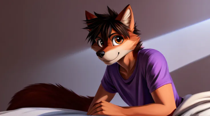 detailed face, detailed body, red furred male wolf, black cowlick hair, light background, solo, purple shirt, jeans pants, fluffy tail, brown eyes, soft shadows, layed in a bed, high resolution, smiling, big eyes