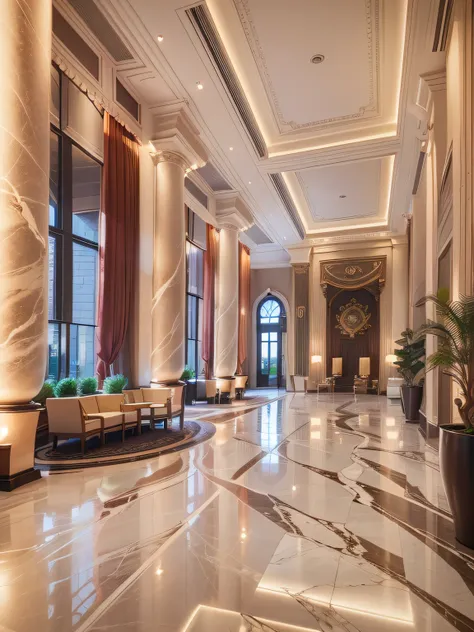 spacious, Quiet and welcoming hotel lobby，Marble decoration，Soft and soothing lighting softly illuminates the entire space，creating a serene and peaceful atmosphere，super wide shot