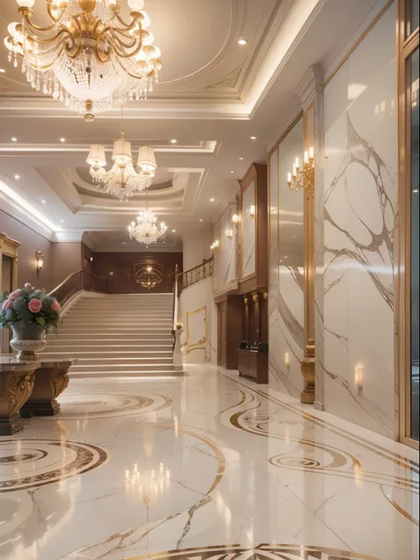 spacious, Quiet and welcoming hotel lobby，Marble decoration，Soft and soothing lighting softly illuminates the entire space，creating a serene and peaceful atmosphere，super wide shot