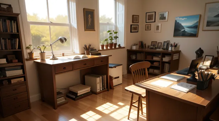 Light shades，Neat desk，Lots of books on display，Open Notebook，There is a pen on it，Nobody showed up，There are art paintings on the walls