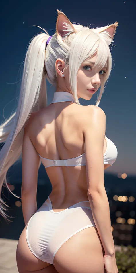 American flat, slim complexion and perfect body, 17 year old young girl, long white hair, purple eyes, cat ears, with a tight superhero uniform, very short sports Lycras, sleeveless, bare belly, 3/4 breasts Large, seductive smile, masterpiece, high quality...