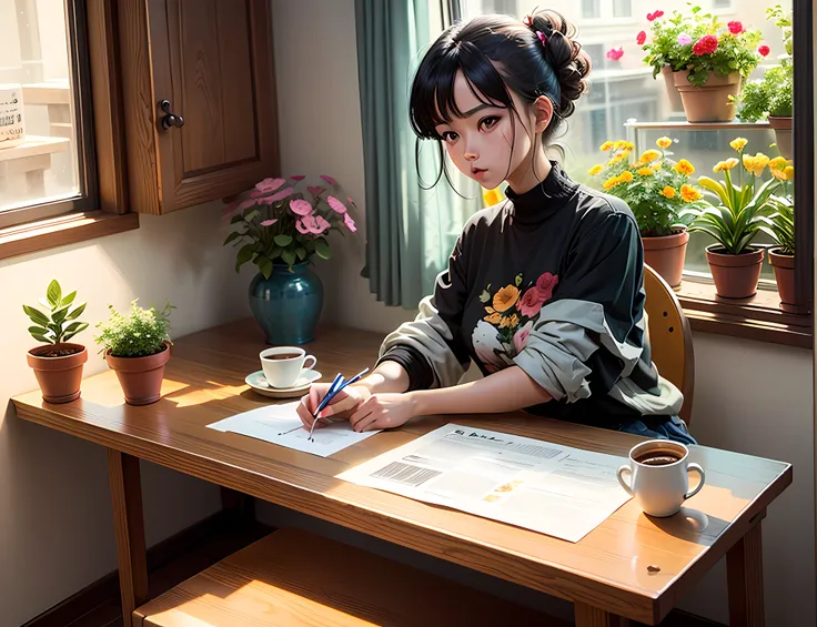 masterpiece,best quality,masterpiece,best quality,official art,extremely detailed CG unity 8k wallpaper,Slight retro color,riso print style,illustration,cute,1girl,Flowers,Windowsill,flowerpot,Drink coffee,.