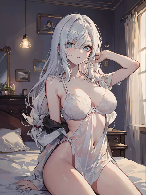 ((beautiful lighting, Best quality, 8K, Masterpiece: 1.3)), 1girl, Perfect body beauty, ((white hair)), ((White dress, [black bra]: 1.4)), (Indoor , night: 1.1), sexy pose (lie on the bed), Super Fine Face, Fine Eyes, naughty look