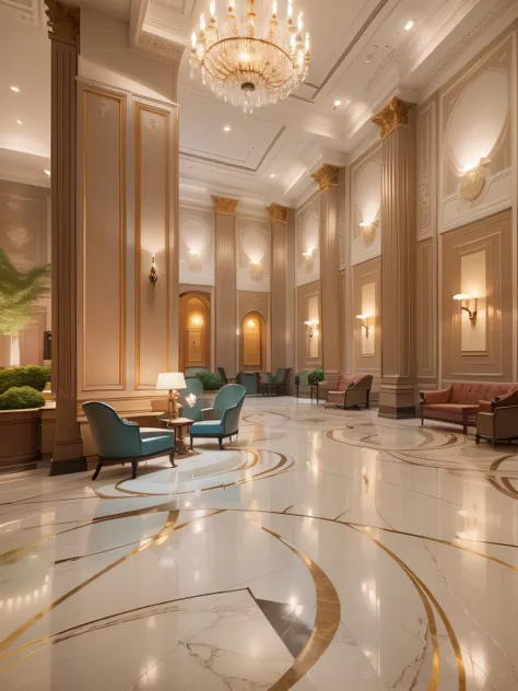 spacious, Quiet and welcoming hotel lobby，Marble decoration，Soft and soothing lighting softly illuminates the entire space，creating a serene and peaceful atmosphere，super wide shot