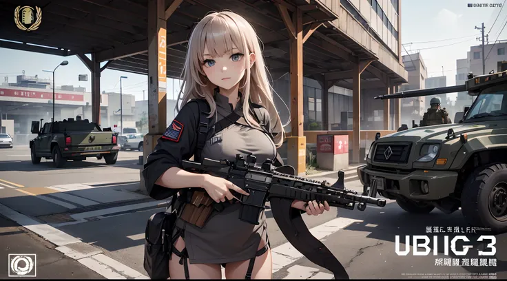 binh，female pervert，The United Nations emblem is on the arm，Armed with a firearm，M16 assault rifle，In military bases，Several F22s were parked behind with the carrier，城市，quadratic element，karo，sunraise，photorealestic，cinematic ligh，promotional poster