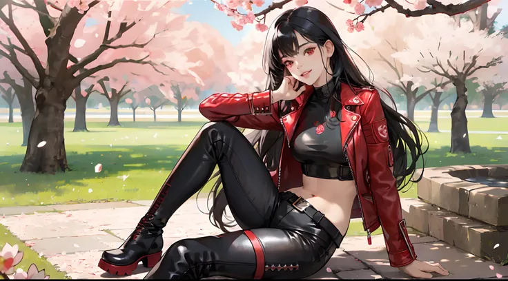 Samyang、 An 18-year-old woman, , red eyes, Red highlights on black hair, sharp eye，Sit on the lawn，Space with depth，some background blur， cherry trees，Cherry Blossom Frame，Sitting wildly，ssmile, look up to, Long straight hair, modeled,comic strip，animesque...