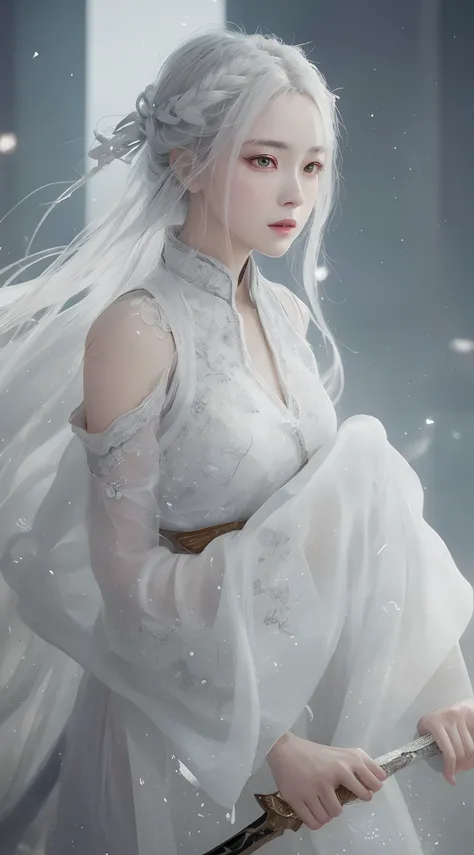 a close up of a woman with a sword in a white dress, a character portrait by Yang J, trending on cgsociety, fantasy art, beautiful character painting, artwork in the style of guweiz, guweiz, white hanfu, flowing white robes, full body wuxia, epic exquisite...