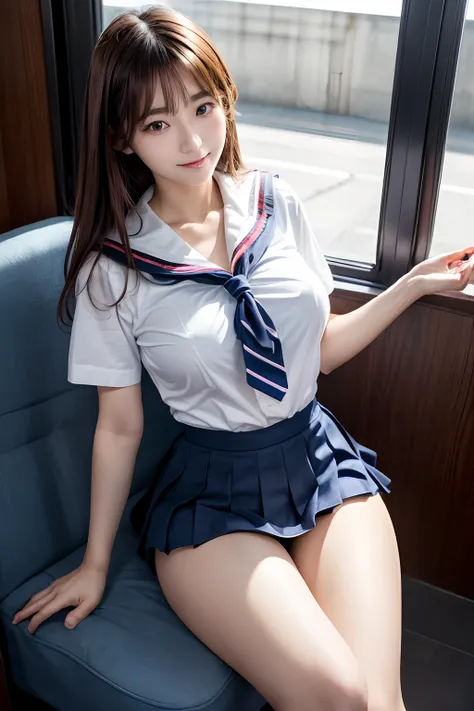 top-quality,ultra-detailliert,​masterpiece,realisitic,Photo Real,Bright lighting,1 girl in, an extremely beautiful 17-year-old girl, (kawaii:1.2),Thin smile, (Brown eyes),(brown haired),(bangss),perfect glossy skin,flawless skin,((erotick,Sexy and sexually...