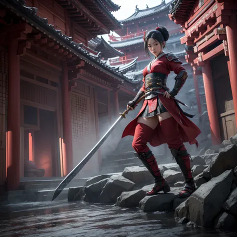 an ultra realistic wide angle epic full body battle shot of Mulan, intricate details, wearing a highly ultra realistic intricate detailed stunning red Samurai costume, ultra detailed sword, smooth edges and curves, surrounded by warriors, war battleground,...