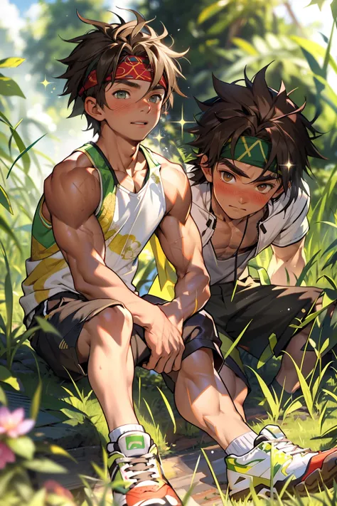 (Masterpiece, Best quality 12 year old boy，Shota), 1boys, Young,Muscular, Short hair, with brown eye, Intricate, Grass, full bodyesbian, Shirtless, Muscles sparkle in the sun,Black shorts,  green headband, Vivid colors,(Depth of field:1.2),(Abs),Blush, vie...