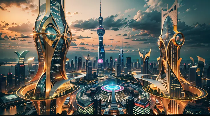 Enter a fascinating vision of the future through captivating futuristic images of the city of Shanghai. The towering giant skyscraper is decorated with gold ornaments and a smooth glass curtain wall，pierce the sky, The vibrant lights of the city that never...