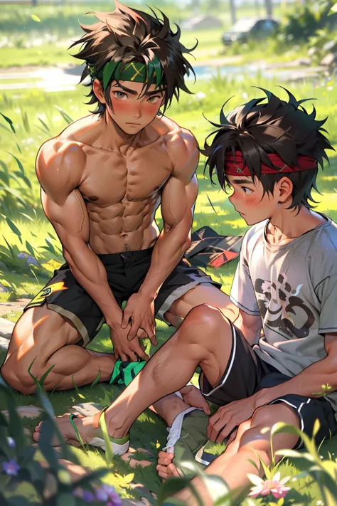 (Masterpiece, Best quality 12 year old boy，Shota), 1boys, Young,Muscular, Short hair, with brown eye, Intricate, Grass, full bodyesbian, Shirtless, Muscles sparkle in the sun,Black shorts,  green headband, Vivid colors,(Depth of field:1.2),(Abs),Blush, vie...