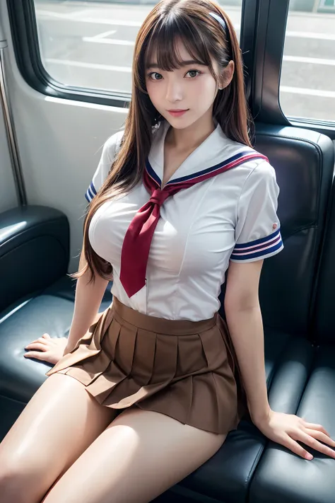 top-quality,ultra-detailliert,​masterpiece,realisitic,Photo Real,Bright lighting,1 girl in, an extremely beautiful 17-year-old girl, (kawaii:1.2),Thin smile, (Brown eyes),(brown haired),(bangss),perfect glossy skin,flawless skin,((erotick,Sexy and sexually...